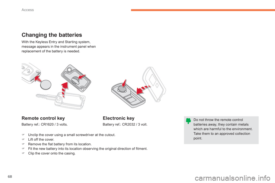 Citroen C4 AIRCROSS RHD 2012 1.G Owners Manual 68
Access
With the Keyless Entry and Starting system, message appears in the instrument panel when replacement of the battery is needed. 
Changing the batteries 
Do not throw the remote controlbatteri