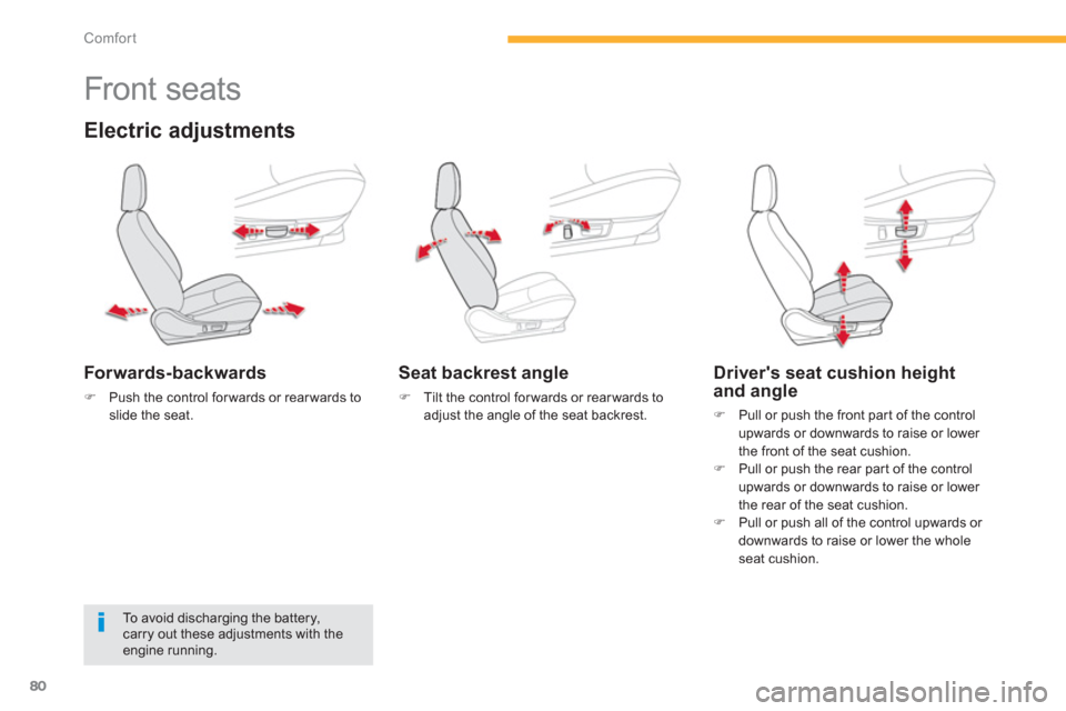 Citroen C4 AIRCROSS RHD 2012 1.G Manual Online 80
Comfort
   
 
 
 
 
 
 
 
 
 
 
Front seats 
Electric adjustments 
Forwards-backwards
�)Push the control forwards or rearwards toslide the seat.
 
 
Seat backrest angle
�) 
 Tilt the control forwar