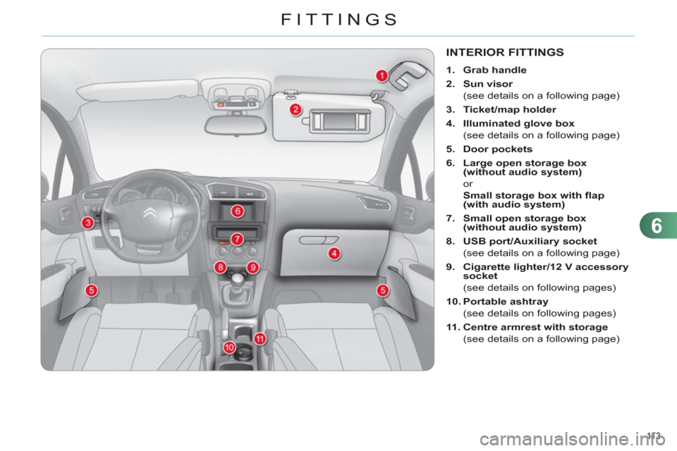 Citroen C4 2012 2.G Owners Manual 6
FITTINGS
11 3  
   
 
 
 
 
 
 
 
 
 
 
 
 
 
 
 
 
INTERIOR FITTINGS 
 
 
 
1. 
  Grab handle 
 
   
2. 
  Sun visor 
 
 
  (see details on a following page) 
   
3. 
  Ticket/ 
 
map 
 
 holder 
 