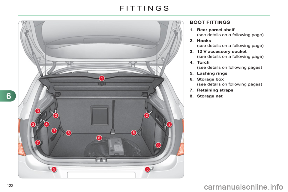 Citroen C4 2012 2.G Owners Guide 6
FITTINGS
122 
   
 
 
 
 
 
 
 
 
 
 
 
 
 
 
 
 
BOOT FITTINGS 
 
 
 
1. 
  Rear parcel shelf 
 
 
  (see details on a following page) 
   
2. 
  Hooks 
 
 
  (see details on a following page) 
   