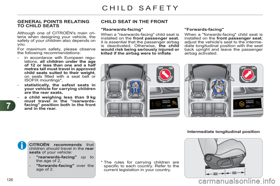 Citroen C4 2012 2.G Owners Manual 7
CHILD SAFETY
126 
   
*  
  The rules for carrying children are 
speciﬁ c to each country. Refer to the 
current legislation in your country.  
 
 
 
 
 
 
 
 
 
 
 
 
GENERAL POINTS RELATING 
TO 