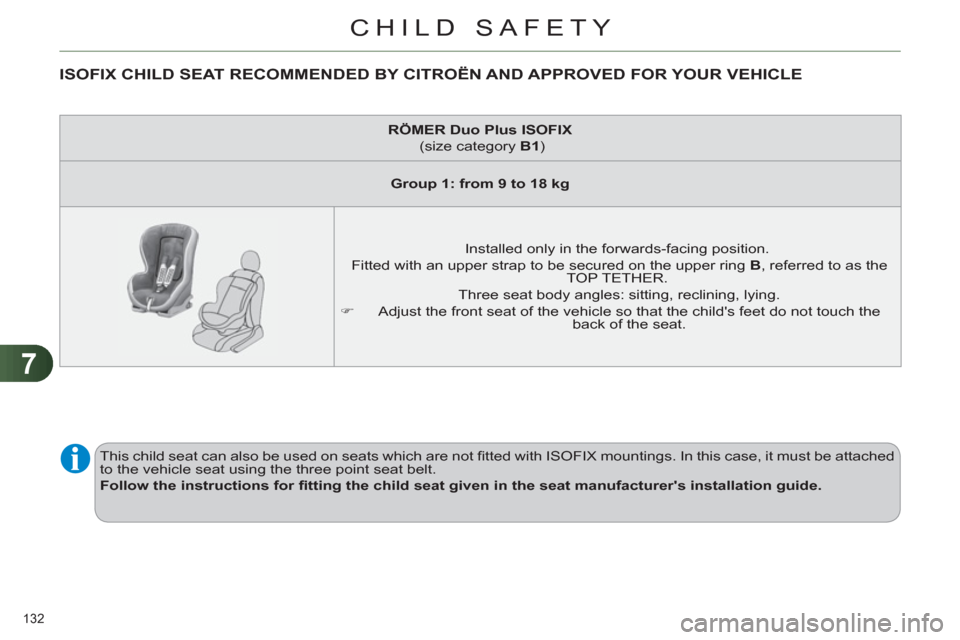 Citroen C4 2012 2.G Owners Manual 7
CHILD SAFETY
132 
   
 
 
 
 
 
 
 
 
 
 
 
ISOFIX CHILD SEAT RECOMMENDED BY CITROËN AND APPROVED FOR YOUR VEHICLE 
 
 
 
RÖMER 
  Duo Plus ISOFIX 
   
 (size category  B1 
)  
   
 
Group 1: from
