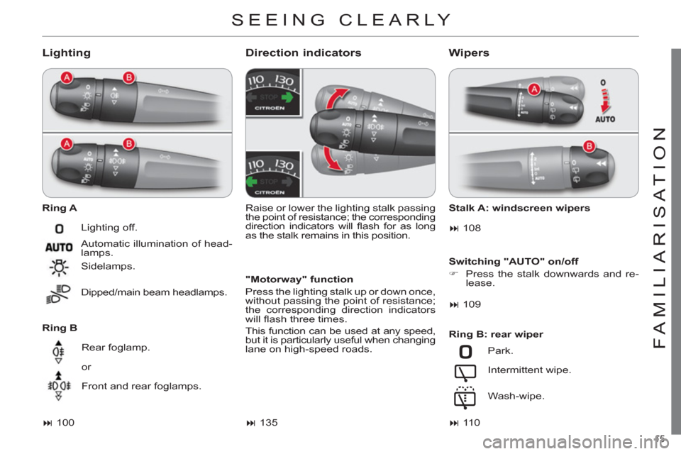 Citroen C4 2012 2.G Owners Manual 15 
FAMILIARISATION
  SEEING CLEARLY 
 
 
Lighting 
 
 
Ring A 
   
Ring B 
 
 
Direction indicators 
 
 
"Motorway" function 
  Press the lighting stalk up or down once, 
without passing the point of