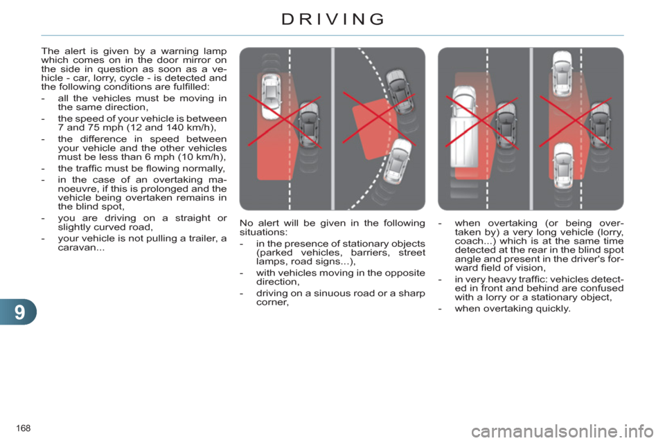 Citroen C4 2012 2.G Owners Manual 9
DRIVING
168
No alert will be given in the following
situations:
- in the presence of stationary objects
(parked vehicles, barriers, street
lamps, road signs...),
- with vehic Citroen C4 2012 2.G Owners Manual 9
DRIVING
168
No alert will be given in the following
situations:
- in the presence of stationary objects
(parked vehicles, barriers, street
lamps, road signs...),
- with vehic