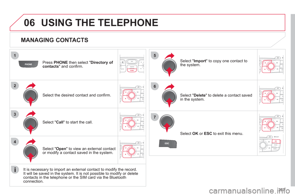 Citroen C4 2012 2.G User Guide 257
1
2
3
4
5
6
7
06
MANAGING CONTACTS
Press PHONE
then select " Directory of
contacts
" and confi rm.
Select the desired contact and confi rm.
Select " Import
" to copy on Citroen C4 2012 2.G User Guide 257
1
2
3
4
5
6
7
06
MANAGING CONTACTS
Press PHONE
then select " Directory of
contacts
" and confi rm.
Select the desired contact and confi rm.
Select " Import
" to copy on