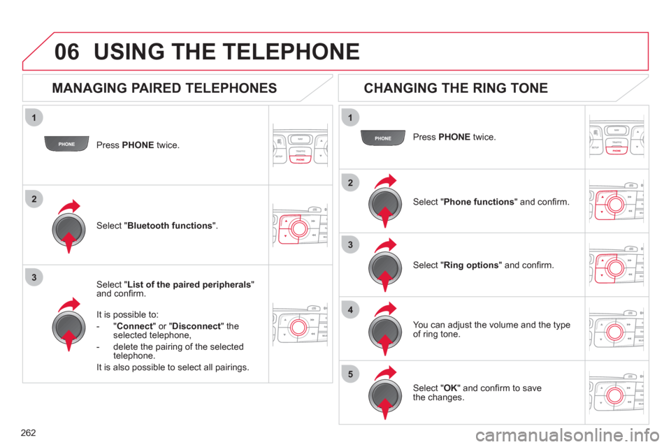 Citroen C4 2012 2.G Owners Manual 262
1
2
3
1
2
3
4
5
06
   
Press  PHONE  
twice.  
   
Select " List of the paired peripherals 
" 
and conﬁ rm.  
   
It is possible to: 
   
 
-  " Connect 
" or " Disconnect 
" the 
selected telep