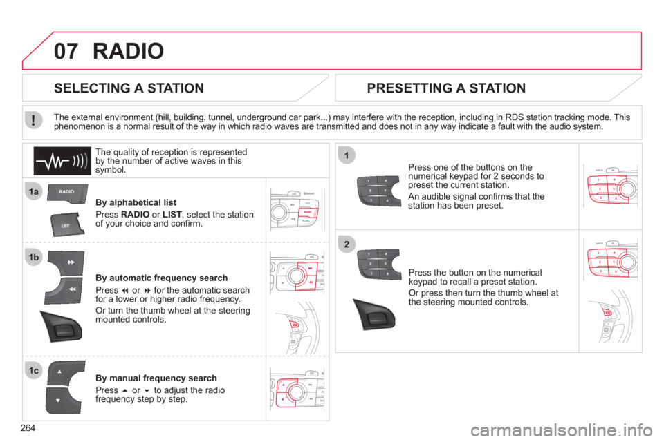 Citroen C4 2012 2.G User Guide 264
07
1a
1b
1c
1
2
  RADIO 
 
 
By alphabetical list 
  Press  RADIO 
 or  LIST 
, select the station 
of your choice and conﬁ rm.  
   
By automatic frequency search 
  Press  � 
 or  � 
 for th