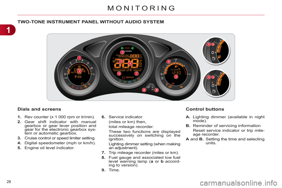 Citroen C4 2012 2.G Owners Guide 1
MONITORING
28 
   
 
 
 
 
 
 
 
 
 
 
 
 
 
 
 
 
TWO-TONE INSTRUMENT PANEL WITHOUT AUDIO SYSTEM 
   
Dials and screens 
 
 
 
1. 
  Rev counter (x 1 000 rpm or tr/min). 
   
2. 
 Gear shift indica