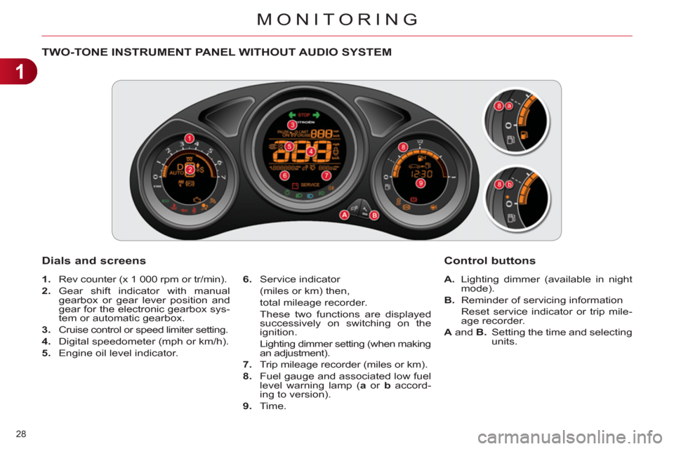 Citroen C4 2012 2.G Owners Manual 1
MONITORING
28 
   
 
 
 
 
 
 
 
 
 
 
 
 
 
 
 
 
TWO-TONE INSTRUMENT PANEL WITHOUT AUDIO SYSTEM 
   
Dials and screens 
 
 
 
1. 
  Rev counter (x 1 000 rpm or tr/min). 
   
2. 
 Gear shift indica