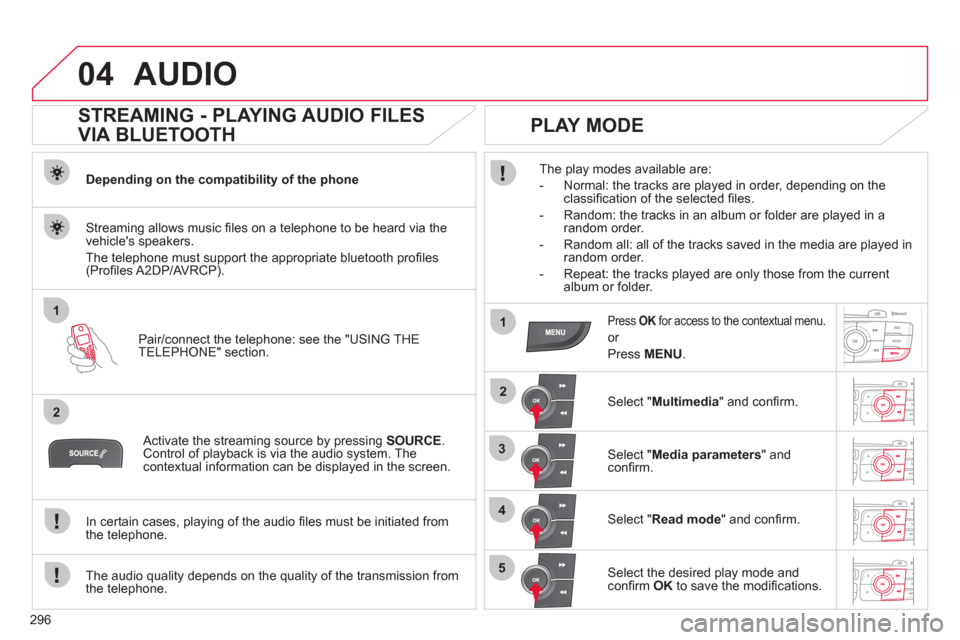 Citroen C4 2012 2.G Owners Manual 296
04
1
2
1
2
3
4
5
  AUDIO 
 
 
 
 
 
 
 
STREAMING - PLAYING AUDIO FILES 
VIA BLUETOOTH 
   
Depending on the compatibility of the phone  
   
Pair/connect the telephone: see the "USING THE 
TELEPH