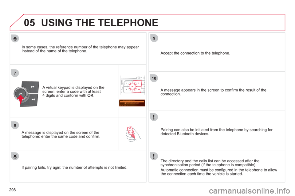 Citroen C4 2012 2.G Owners Manual 298
05
7
8
Saisir code authentification
01
OK Del23456789 _
9
10
  USING THE TELEPHONE 
 
 
A virtual keypad is displayed on the 
screen: enter a code with at least 
4 digits and conform with  OK 
.  