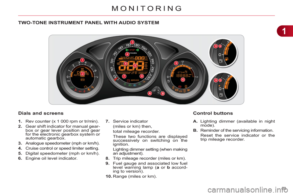 Citroen C4 2012 2.G Owners Guide 1
MONITORING
29 
   
 
 
 
 
 
 
 
 
 
 
 
TWO-TONE INSTRUMENT PANEL WITH AUDIO SYSTEM 
   
Dials and screens 
 
 
 
A. 
  Lighting dimmer (available in night 
mode). 
   
B. 
 
Reminder of the servic