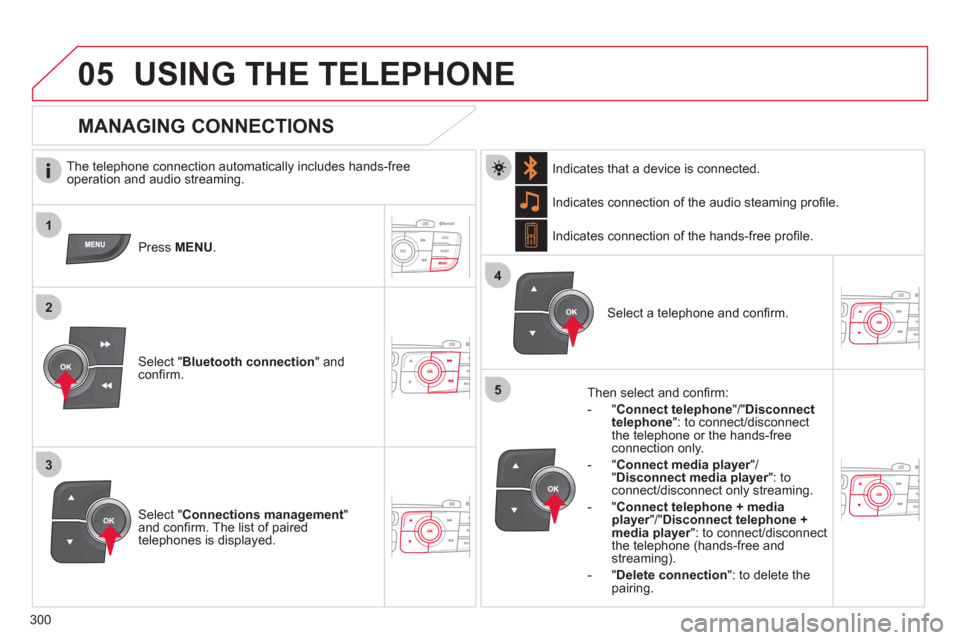 Citroen C4 2012 2.G Owners Manual 300
 
 
1
2
3
4
05
5
  USING THE TELEPHONE 
 
 
The telephone connection automatically includes hands-free 
operation and audio streaming.  
   
Press  MENU 
.  
   
Select " Bluetooth connection 
" a