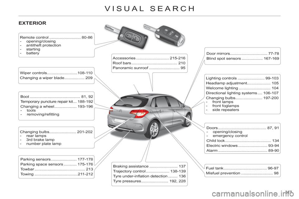 Citroen C4 2012 2.G Owners Manual 317 
VISUAL SEARCH
  EXTERIOR  
 
 
Remote control ........................... 80-86 
   
 
-  opening/closing 
   
-  antitheft protection 
   
-  starting 
   
-  battery  
 
   
Wiper controls.....