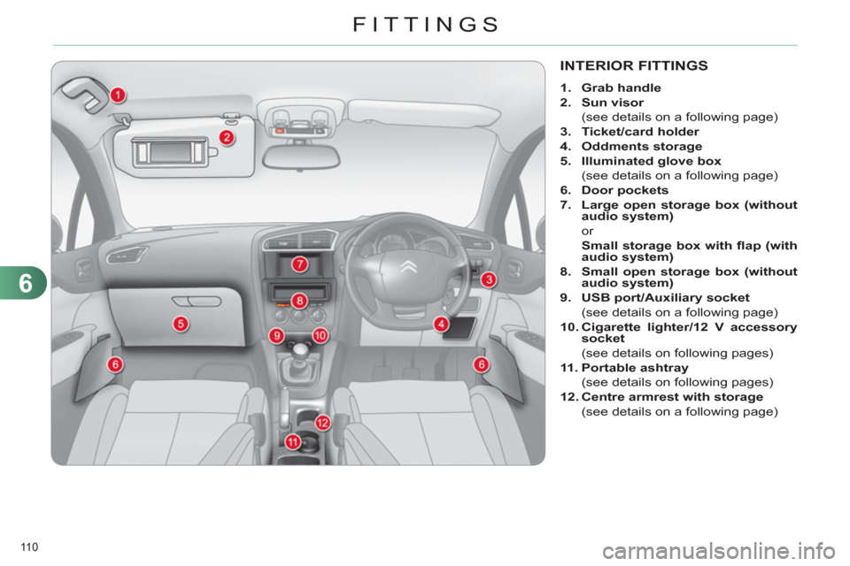 Citroen C4 RHD 2012 2.G Owners Manual 6
FITTINGS
110 
   
 
 
 
 
 
 
 
 
 
 
 
 
 
 
 
 
 
 
 
INTERIOR FITTINGS 
 
 
 
1. 
  Grab handle 
 
   
2. 
  Sun visor 
   
  (see details on a following page) 
   
3. 
  Ticket/card holder 
 
  