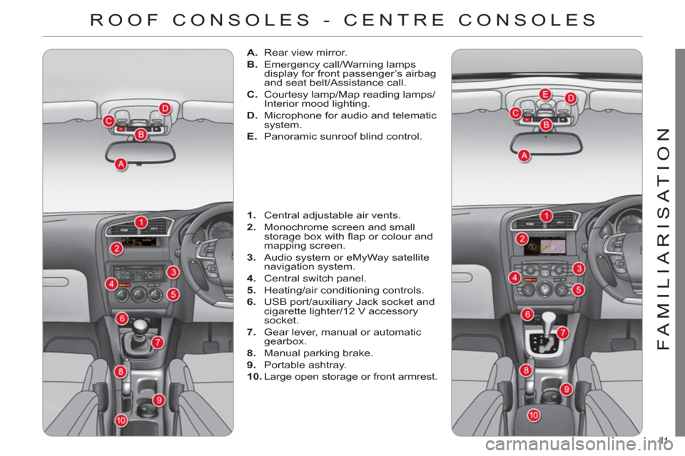 Citroen C4 RHD 2012 2.G Owners Manual 11  
FAMILIARISATION
  ROOF CONSOLES - CENTRE CONSOLES 
 
 
 
 
A. 
  Rear view mirror. 
   
B. 
  Emergency call/Warning lamps 
display for front passenger’s airbag 
and seat belt/Assistance call. 