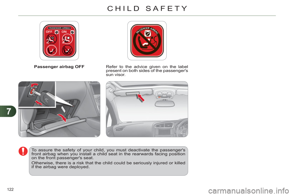 Citroen C4 RHD 2012 2.G Owners Manual 7
CHILD SAFETY
122 
   
 
Passenger airbag OFF   
 
Refer to the advice given on the label 
present on both sides of the passengers 
sun visor.  
   
To assure the safety of your child, you must deac