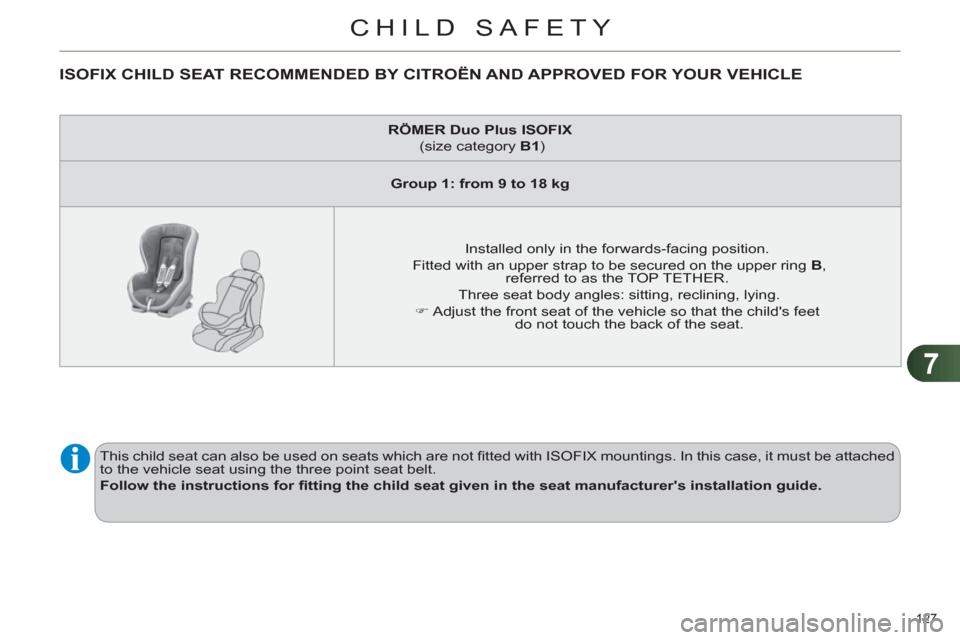 Citroen C4 RHD 2012 2.G Owners Manual 7
CHILD SAFETY
127 
   
 
 
 
 
 
 
 
 
 
 
 
ISOFIX CHILD SEAT RECOMMENDED BY CITROËN AND APPROVED FOR YOUR VEHICLE 
 
 
 
RÖMER 
  Duo Plus ISOFIX 
   
 (size category  B1 
)  
   
 
Group 1: from