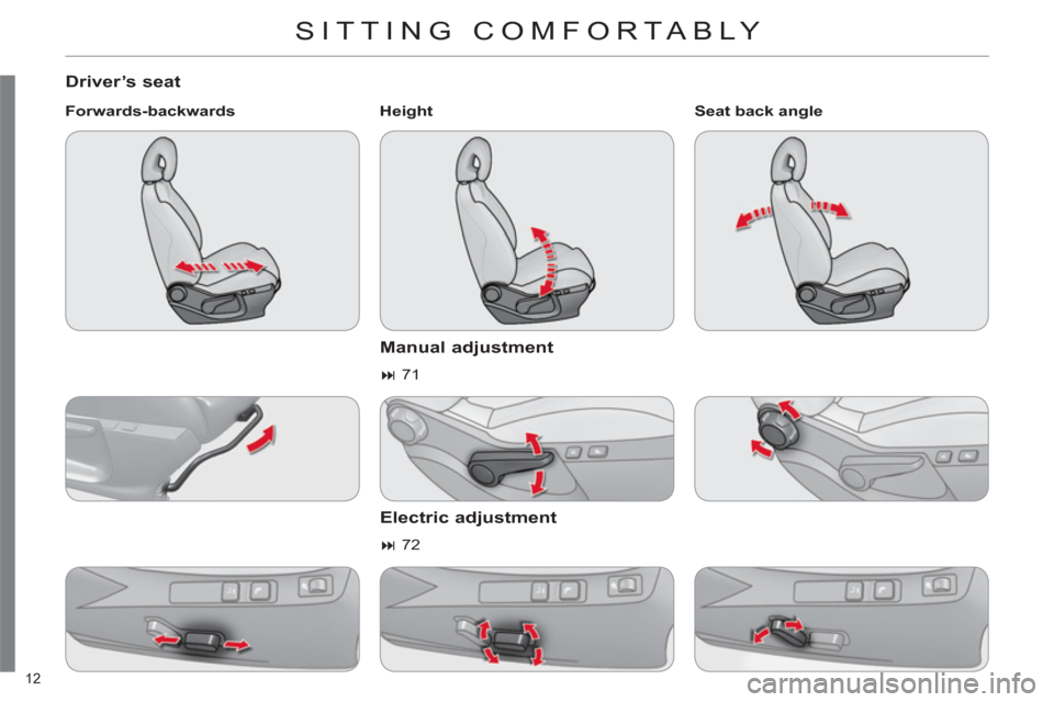 Citroen C4 RHD 2012 2.G User Guide 12 
  SITTING COMFORTABLY 
 
 
Driver’s seat 
 
 
Forwards-backwards    
Height  
 
 
 
Manual adjustment 
 
 
 
� 
 71  
 
 
 
Electric adjustment 
 
 
 
� 
 72     
Seat back angle  
  