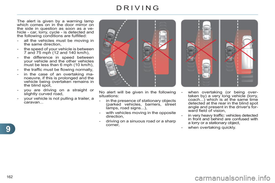 Citroen C4 RHD 2012 2.G Owners Manual 9
DRIVING
162 
   
No alert will be given in the following 
situations: 
   
 
-   in the presence of stationary objects 
(parked vehicles, barriers, street 
lamps, road signs...), 
   
-   with vehic