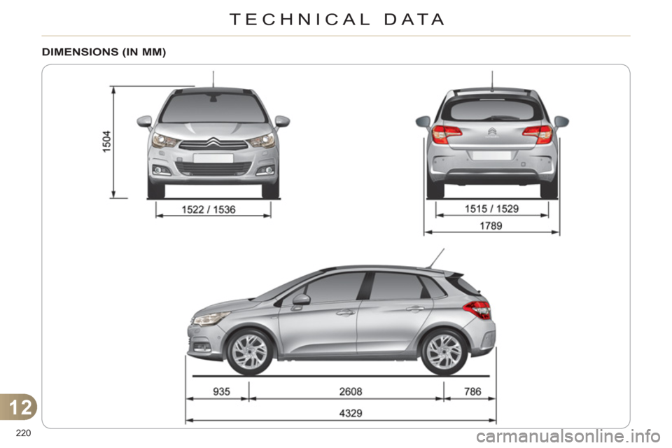 Citroen C4 RHD 2012 2.G User Guide 12
TECHNICAL DATA
220
DIMENSIONS (IN MM) Citroen C4 RHD 2012 2.G User Guide 12
TECHNICAL DATA
220
DIMENSIONS (IN MM)