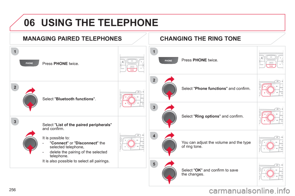 Citroen C4 RHD 2012 2.G Owners Manual 256
1
2
3
1
2
3
4
5
06
   
Press  PHONE  
twice.  
   
Select " List of the paired peripherals 
" 
and conﬁ rm.  
   
It is possible to: 
   
 
-  " Connect 
" or " Disconnect 
" the 
selected telep