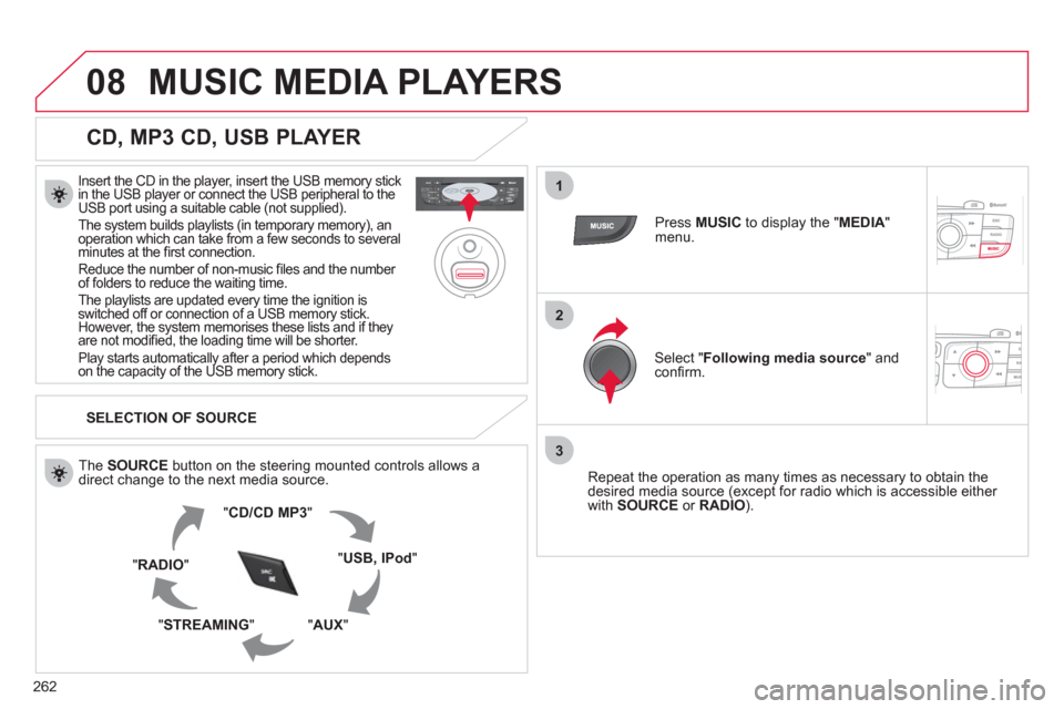 Citroen C4 RHD 2012 2.G Owners Manual 262
08
1
2
3
MUSIC MEDIA PLAYERS
   
CD, MP3 CD, USB PLAYER 
 
 
Insert the CD in the player, insert the USB memory stick 
in the USB player or connect the USB peripheral to the 
USB port using a suit