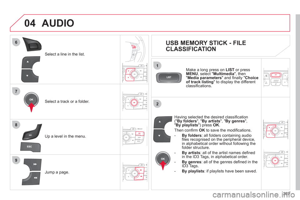 Citroen C4 RHD 2012 2.G Owners Manual 287
7
6
8
9
2
1
04
Select a line in the list.
Select a track or a folder.
Jump a page.
Up a level in the menu.
AUDIO
USB MEMORY STICK - FILE
CLASSIFICATI Citroen C4 RHD 2012 2.G Owners Manual 287
7
6
8
9
2
1
04
Select a line in the list.
Select a track or a folder.
Jump a page.
Up a level in the menu.
AUDIO
USB MEMORY STICK - FILE
CLASSIFICATI