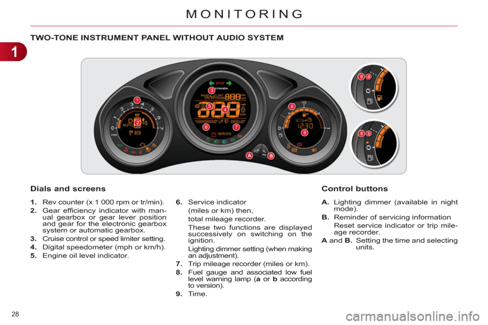 Citroen C4 RHD 2012 2.G Owners Manual 1
MONITORING
28 
   
 
 
 
 
 
 
 
 
 
 
 
 
 
 
 
 
TWO-TONE INSTRUMENT PANEL WITHOUT AUDIO SYSTEM 
   
Dials and screens 
 
 
 
1. 
  Rev counter (x 1 000 rpm or tr/min). 
   
2. 
 Gear efﬁ ciency