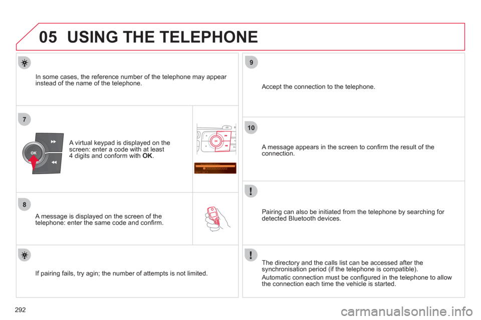 Citroen C4 RHD 2012 2.G Owners Manual 292
05
7
8
Saisir code authentification
01
OK Del23456789 _
9
10
USING THE TELEPHONE
   
A virtual keypad is displayed on the 
screen: enter a code with at least 
4 digits and conform with  OK 
.  
  
