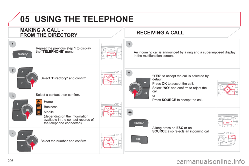 Citroen C4 RHD 2012 2.G Owners Manual  
  
296
1
2
1
4
2
3
05USING THE TELEPHONE
   
Repeat the previous step  1 
 to display 
the " TELEPHONE 
" menu.  
   
Select " Directory 
" and conﬁ rm.     
An incoming call is announced by a rin