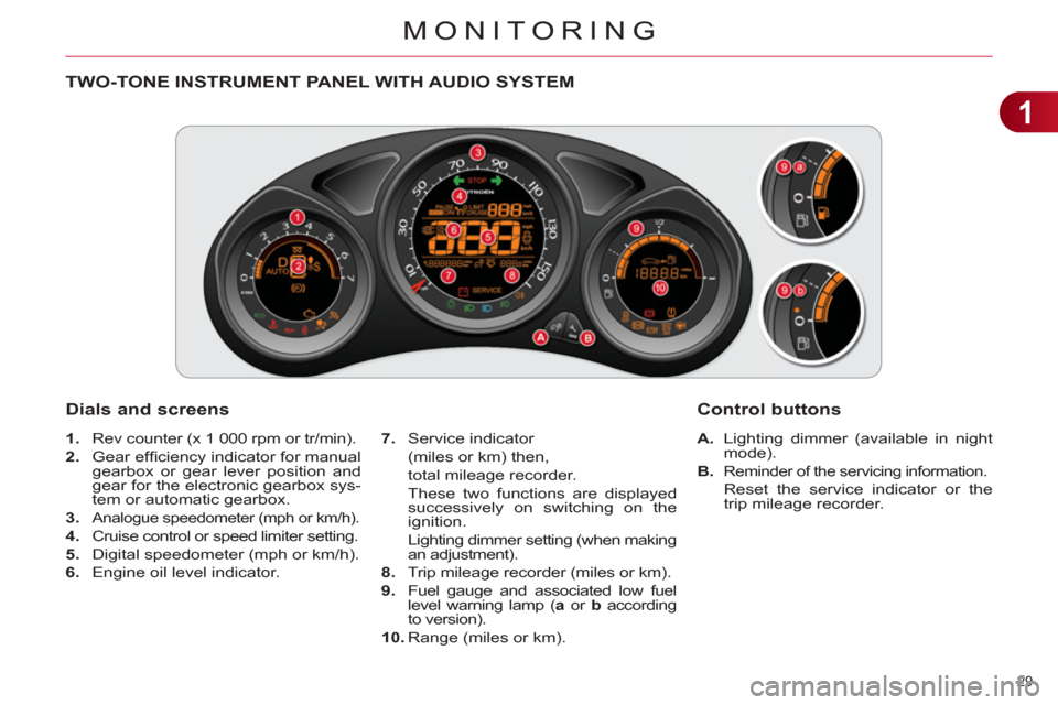 Citroen C4 RHD 2012 2.G User Guide 1
MONITORING
29 
   
 
 
 
 
 
 
 
 
 
 
 
TWO-TONE INSTRUMENT PANEL WITH AUDIO SYSTEM 
   
Dials and screens 
 
 
 
A. 
  Lighting dimmer (available in night 
mode). 
   
B. 
 
Reminder of the servic
