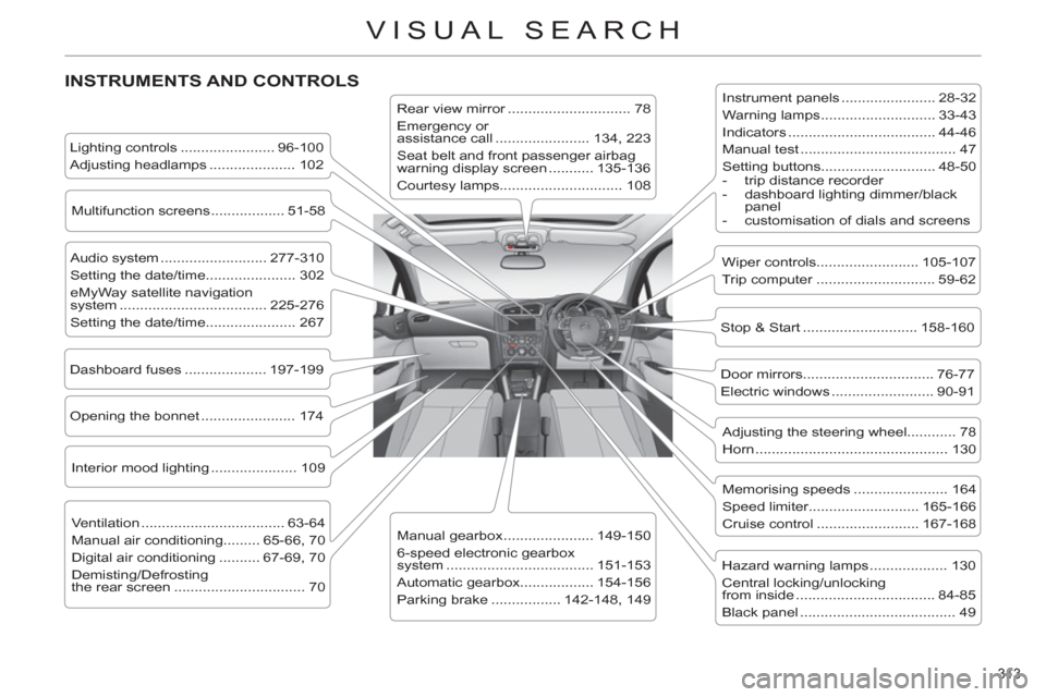 Citroen C4 RHD 2012 2.G Owners Guide 313 
VISUAL SEARCH
  INSTRUMENTS AND CONTROLS   
 
Instrument panels ....................... 28-32 
  Warning lamps ............................ 33-43 
  Indicators ...................................