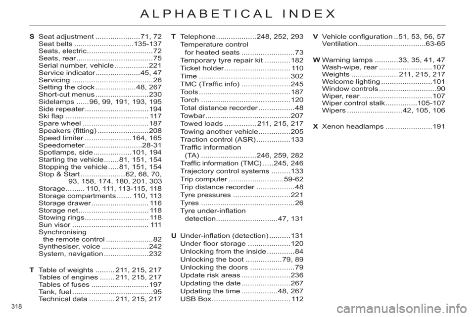 Citroen C4 RHD 2012 2.G Owners Guide 318 
ALPHABETICAL INDEX
S  Seat adjustment .....................71, 72
 Seat belts ............................135-137
 Seats, electric ...............................72
 Seats, rear .................