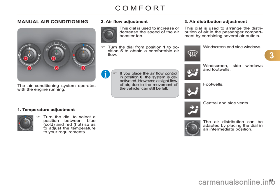Citroen C4 RHD 2012 2.G Repair Manual 3
COMFORT
65 
  MANUAL AIR CONDITIONING 
 
 
 
 
 
 
 
 
 
 
 
The air conditioning system operates 
with the engine running.  
   
 
�) 
  Turn the dial to select a 
position between blue 
(cold) and
