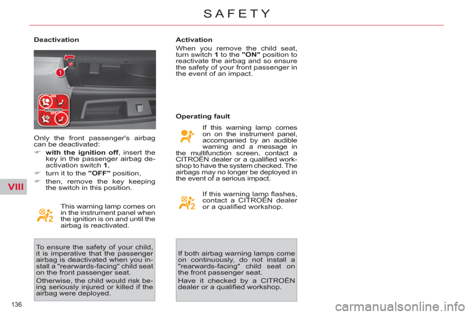 Citroen C4 2012 2.G Owners Manual VIII
136 
SAFETY
   
Deactivation 
  This warning lamp comes on 
in the instrument panel when 
the ignition is on and until the 
airbag is reactivated. 
  To ensure the safety of your child, 
it is im