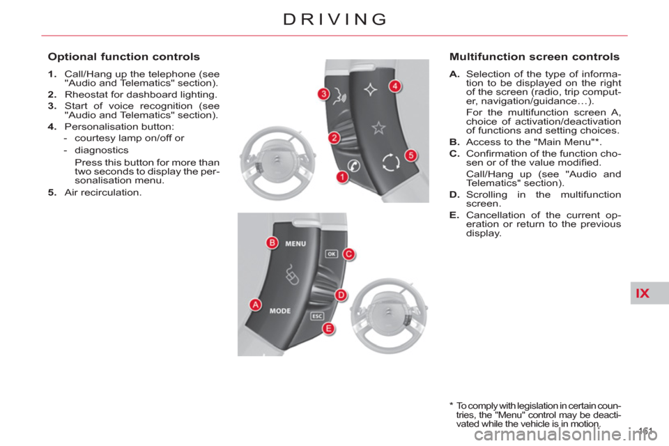 Citroen C4 2012 2.G Owners Manual IX
161
DRIVING
Optional function controls
1.
Call/Hang up the telephone (see
"Audio and Telematics" section).
2.
Rheostat for dashboard lighting.
3.
Start of voice reco Citroen C4 2012 2.G Owners Manual IX
161
DRIVING
Optional function controls
1.
Call/Hang up the telephone (see
"Audio and Telematics" section).
2.
Rheostat for dashboard lighting.
3.
Start of voice reco