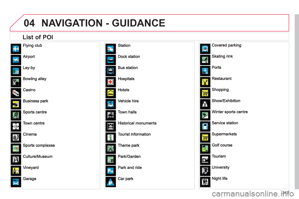 Citroen C4 2012 2.G User Guide 243
04NAVIGATION - GUIDANCE
List of POI Citroen C4 2012 2.G User Guide 243
04NAVIGATION - GUIDANCE
List of POI