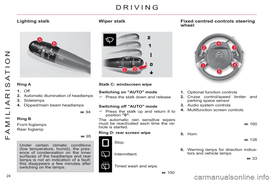 Citroen C4 2012 2.G Owners Manual 24 
FAMILIARISATION
   
Ring B  
   
Ring D: rear screen wipe 
  Stop. 
  Intermittent. 
  Timed wash and wipe. 
 
 
Fixed centred controls steering 
wheel     
Lighting stalk 
 
 
Ring A  
   
 
� 
