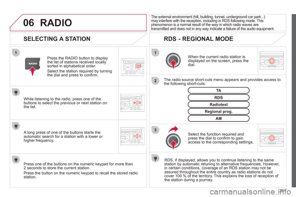 Citroen C4 2012 2.G Service Manual 291
06
3 2 1 1
 
 
 
 
 
 
 
SELECTING A STATION 
 
 
When the current radio station isdisplayed on the screen, press thedial.  
   
The radio source short-cuts menu appears and provides access to 
th