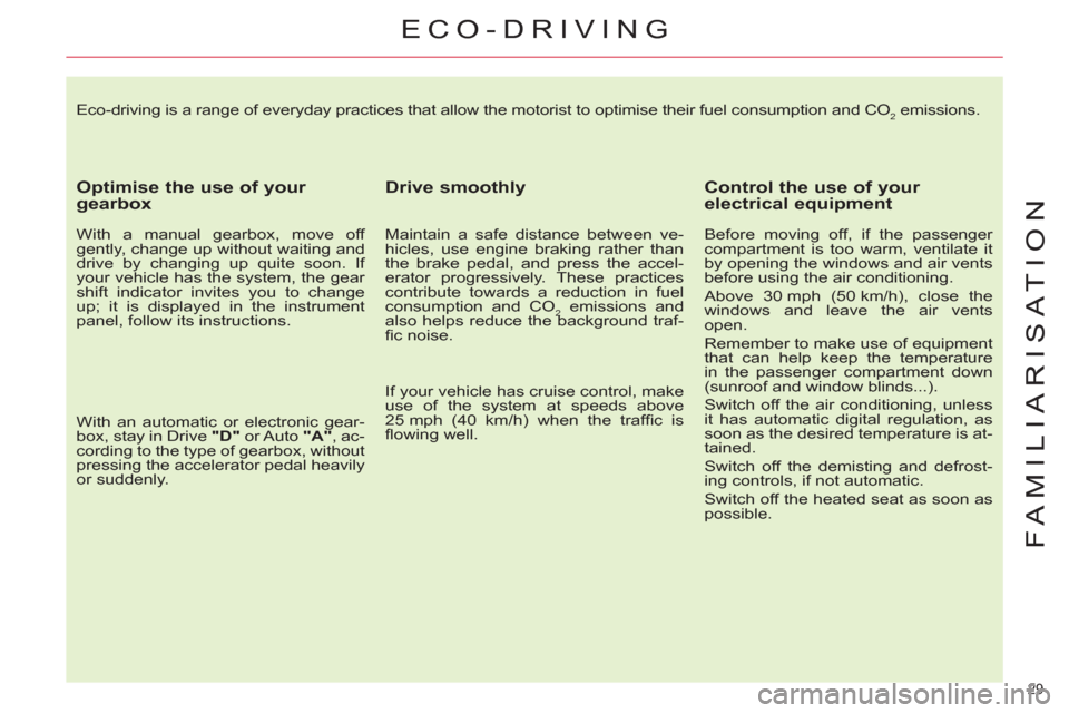 Citroen C4 2012 2.G Owners Manual 29 
FAMILIARISATION
  Eco-driving is a range of everyday practices that allow the motorist to optimise their fuel consumption and CO2 emissions. 
 
 
Optimise the use of your 
gearbox 
   
With a manu