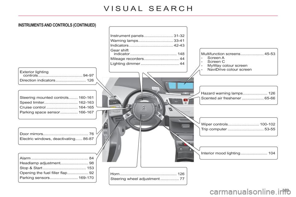 Citroen C4 2012 2.G Owners Manual 339 
VISUAL SEARCH
   
Exterior lighting 
controls ...................................... 94-97 
  Direction indicators .......................... 126  
   
Steering mounted controls........ 160-161 

