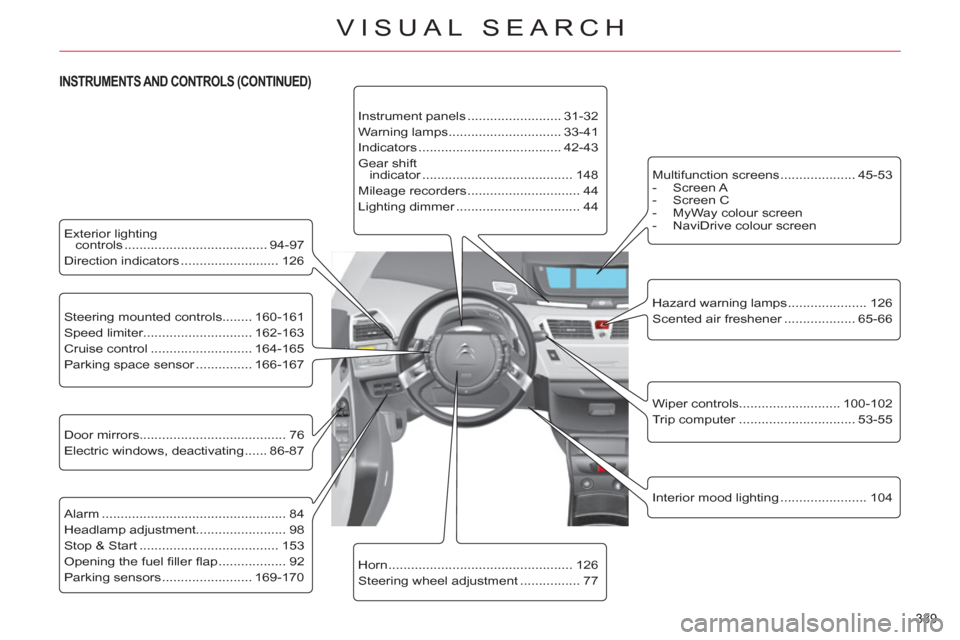 Citroen C4 2012 2.G Owners Guide 339 
VISUAL SEARCH
   
Exterior lighting 
controls ...................................... 94-97 
  Direction indicators .......................... 126  
   
Steering mounted controls........ 160-161 
