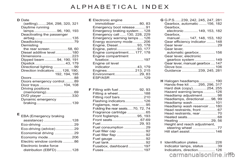 Citroen C4 2012 2.G Owners Manual 343 
ALPHABETICAL INDEX
Halogen headlamps...............190Hands-free kit........295, 296,317Hard disk (copy).............254,255Hazard warning lamps...........126Headlamp adjustment..............98He