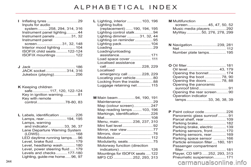 Citroen C4 2012 2.G Owners Guide 344 
ALPHABETICAL INDEX
Keeping children safe ...............117, 120,122-124
Key in ignition warning .............81Key with remote control.........................78-80,83
Labels, identification....