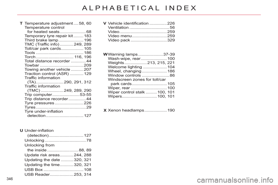 Citroen C4 2012 2.G Owners Manual 346 
ALPHABETICAL INDEX
Warning lamps ....................37-39Wash-wipe, rear.....................r100Weights..................213,215, 221Welcome lighting...................104Wheel, changing.......