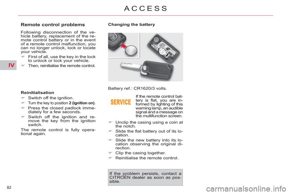 Citroen C4 2012 2.G Manual Online IV
82 
ACCESS
   
 
 
 
 
 
 
 
 
 
 
 
 
 
 
Remote control problems 
 
Following disconnection of the ve-
hicle battery, replacement of the re-
mote control battery or in the event 
of a remote cont