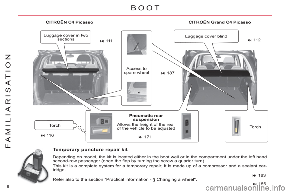 Citroen C4 2012 2.G Owners Manual 8 
FAMILIARISATION
   
CITROËN 
  Grand C4 Picasso 
 
  Torch     
Pneumatic rear 
suspension 
 
  Allows the height of the rear 
of the vehicle to be adjusted   Access to 
spare wheel 
   
Temporary