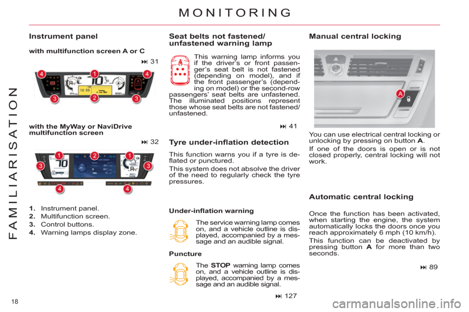 Citroen C4 PICASSO RHD 2012 1.G Owners Manual 18 
FAMILIARISATION
   
Seat belts not fastened/
unfastened warning lamp 
  This warning lamp informs you 
if the driver’s or front passen-
ger’s seat belt is not fastened 
(depending on model), a