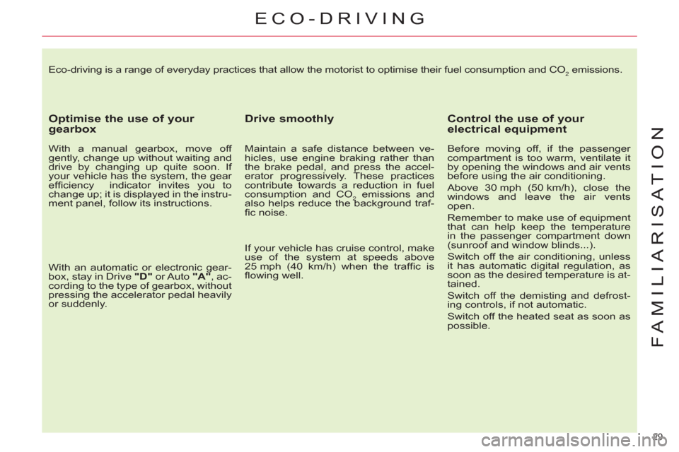 Citroen C4 PICASSO RHD 2012 1.G Owners Manual 29 
FAMILIARISATION
  Eco-driving is a range of everyday practices that allow the motorist to optimise their fuel consumption and CO2 emissions. 
 
 
Optimise the use of your 
gearbox 
   
With a manu
